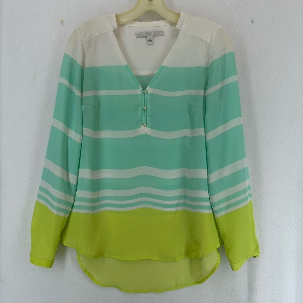 Lauren Conrad V Neck Long‎ Sleeve Striped Blouse Women’s XS Green